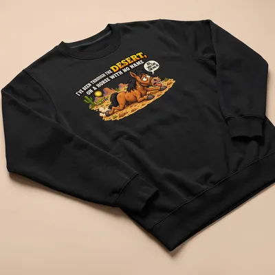Cartoon horse graphic with lyrics from a classic song, in bright colors — printed on a unisex sweatshirt