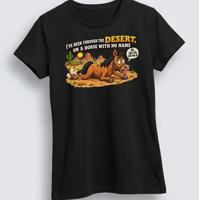 Cartoon horse graphic with lyrics from a classic song, in bright colors — printed on a women's shirt