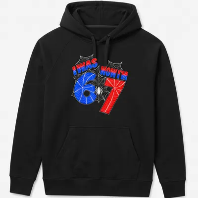 Colorful birthday shirt with spider web design and text for turning 7 — printed on a unisex hoodie