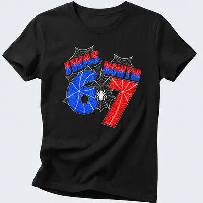 Colorful birthday shirt with spider web design and text for turning 7 — printed on a women's shirt