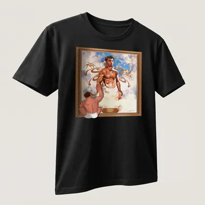 Digital art illustration of a male figure with the name Iggy in bold colors — printed on a unisex t-shirt (angled view)