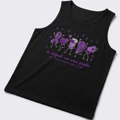 Playful cartoon design promoting overdose awareness with purple symbols and heart emojis — printed on a tank top