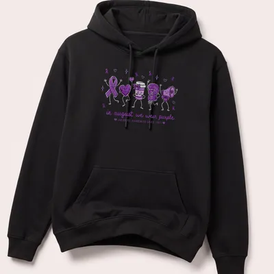 Playful cartoon design promoting overdose awareness with purple symbols and heart emojis — printed on a unisex hoodie