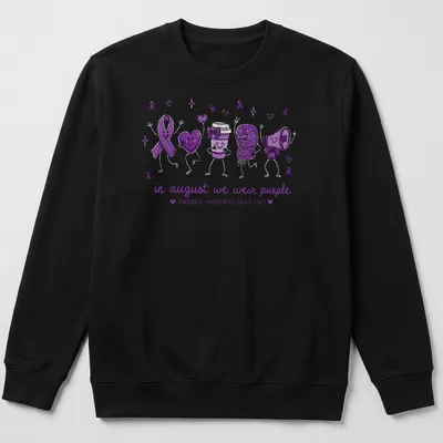 Playful cartoon design promoting overdose awareness with purple symbols and heart emojis — printed on a unisex sweatshirt