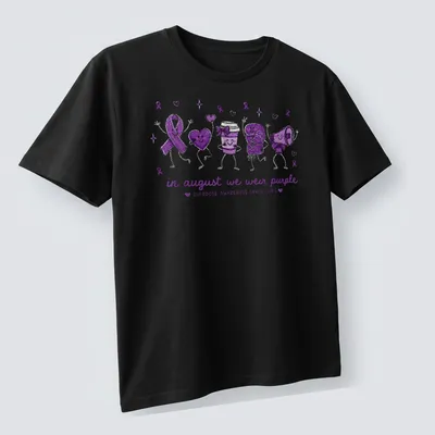 Playful cartoon design promoting overdose awareness with purple symbols and heart emojis — printed on a unisex t-shirt (angled view)