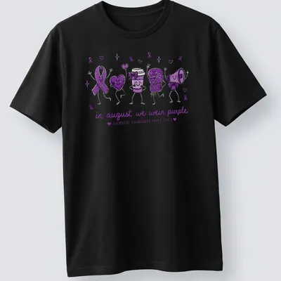 Playful cartoon design promoting overdose awareness with purple symbols and heart emojis