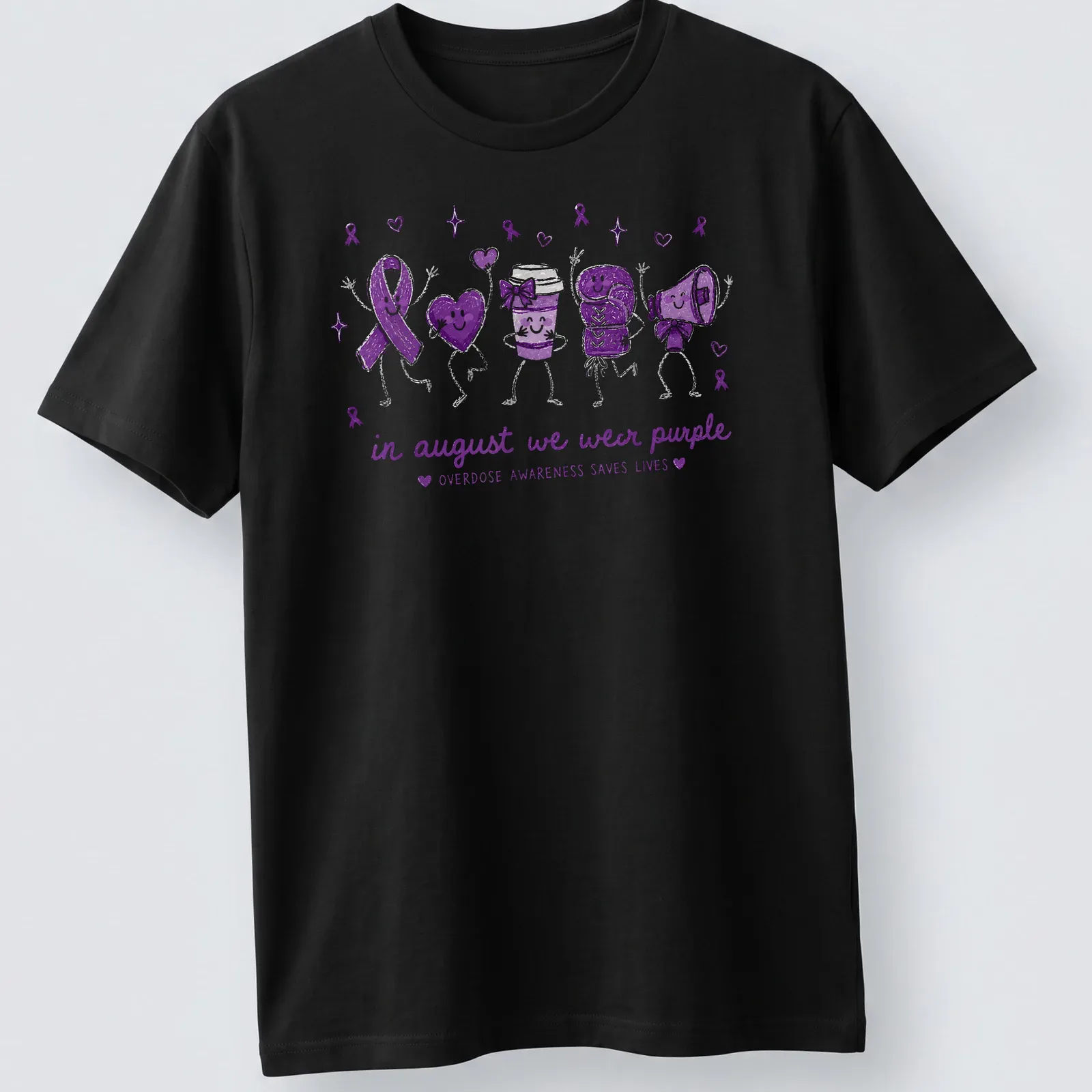 Playful cartoon design promoting overdose awareness with purple symbols and heart emojis — printed on a unisex t-shirt