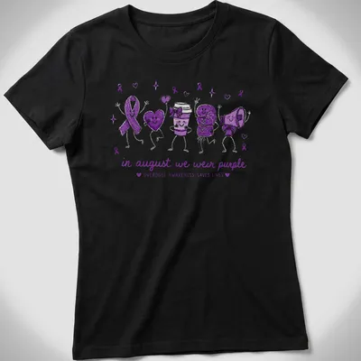 Playful cartoon design promoting overdose awareness with purple symbols and heart emojis — printed on a women's shirt
