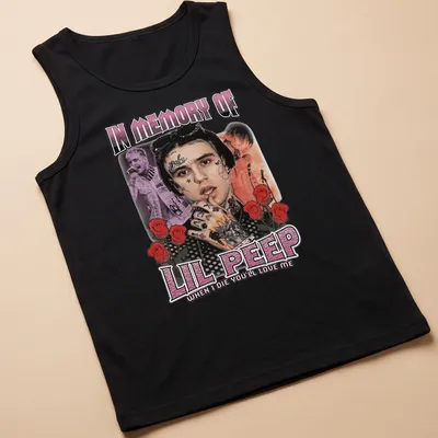 Vintage collage t-shirt featuring a tribute to Lil Peep in red, black, pink, and white text. — printed on a tank top