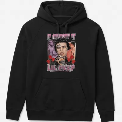 Vintage collage t-shirt featuring a tribute to Lil Peep in red, black, pink, and white text. — printed on a unisex hoodie