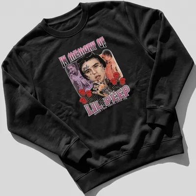 Vintage collage t-shirt featuring a tribute to Lil Peep in red, black, pink, and white text. — printed on a unisex sweatshirt