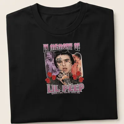 Vintage collage t-shirt featuring a tribute to Lil Peep in red, black, pink, and white text.