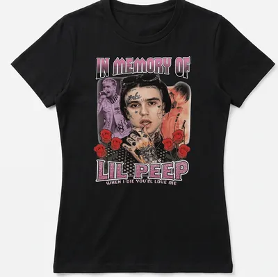 Vintage collage t-shirt featuring a tribute to Lil Peep in red, black, pink, and white text. — printed on a women's shirt