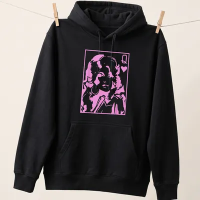 Silhouette of the Queen of Hearts with bold text on a — printed on a unisex hoodie