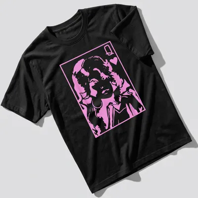Silhouette of the Queen of Hearts with bold text on a t-shirt