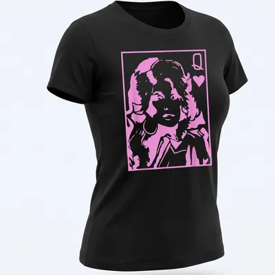 Silhouette of the Queen of Hearts with bold text on a — printed on a women's shirt