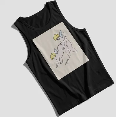 Two playful cherubs illustrated with the text 'Andy Warhol' in line-art style — printed on a tank top