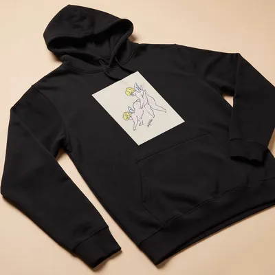 Two playful cherubs illustrated with the text 'Andy Warhol' in line-art style — printed on a unisex hoodie