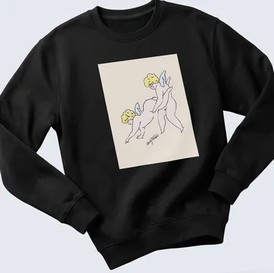 Two playful cherubs illustrated with the text 'Andy Warhol' in line-art style — printed on a unisex sweatshirt