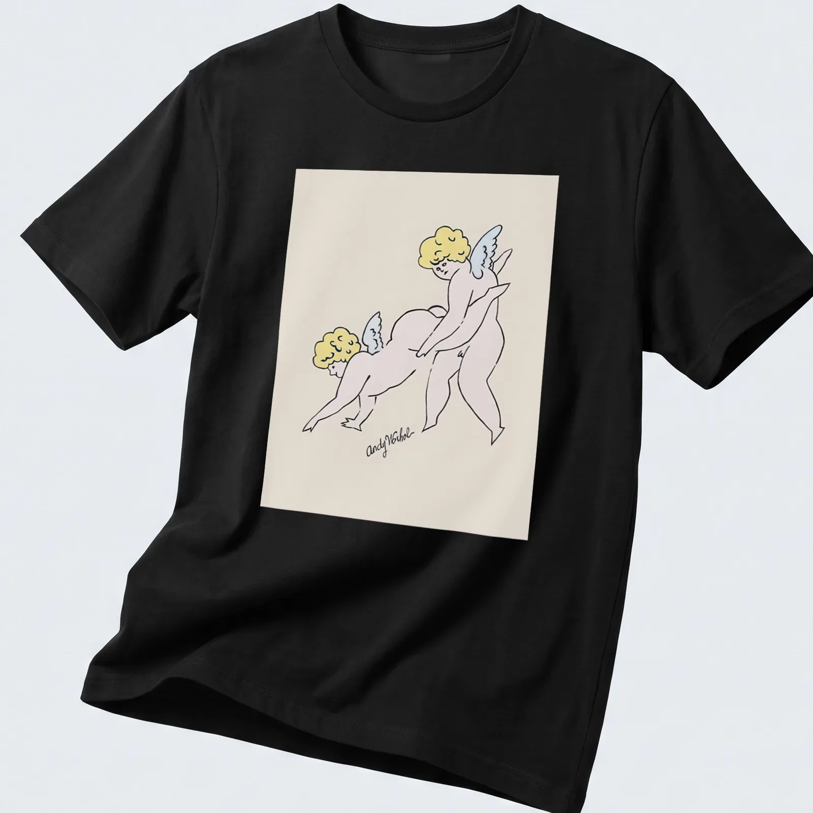 Two playful cherubs illustrated with the text 'Andy Warhol' in line-art style — printed on a unisex t-shirt