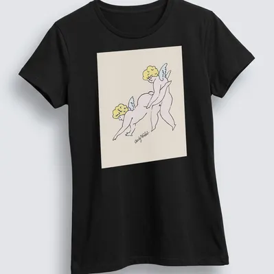 Two playful cherubs illustrated with the text 'Andy Warhol' in line-art style — printed on a women's shirt