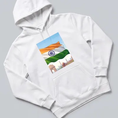 Illustrative Indian flag t-shirt with vibrant orange, white, green, and blue colors. — printed on a unisex hoodie