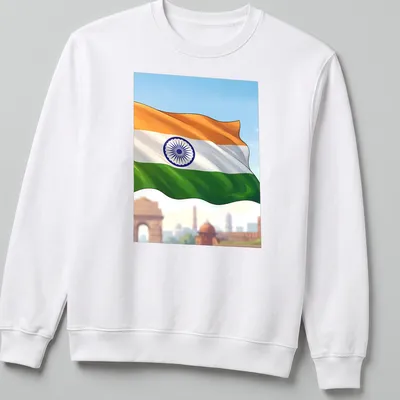 Illustrative Indian flag t-shirt with vibrant orange, white, green, and blue colors. — printed on a unisex sweatshirt