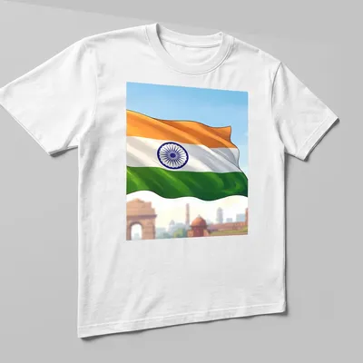 Illustrative Indian flag t-shirt with vibrant orange, white, green, and blue colors. — printed on a unisex t-shirt (angled view)