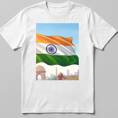 Illustrative Indian flag t-shirt with vibrant orange, white, green, and blue colors.