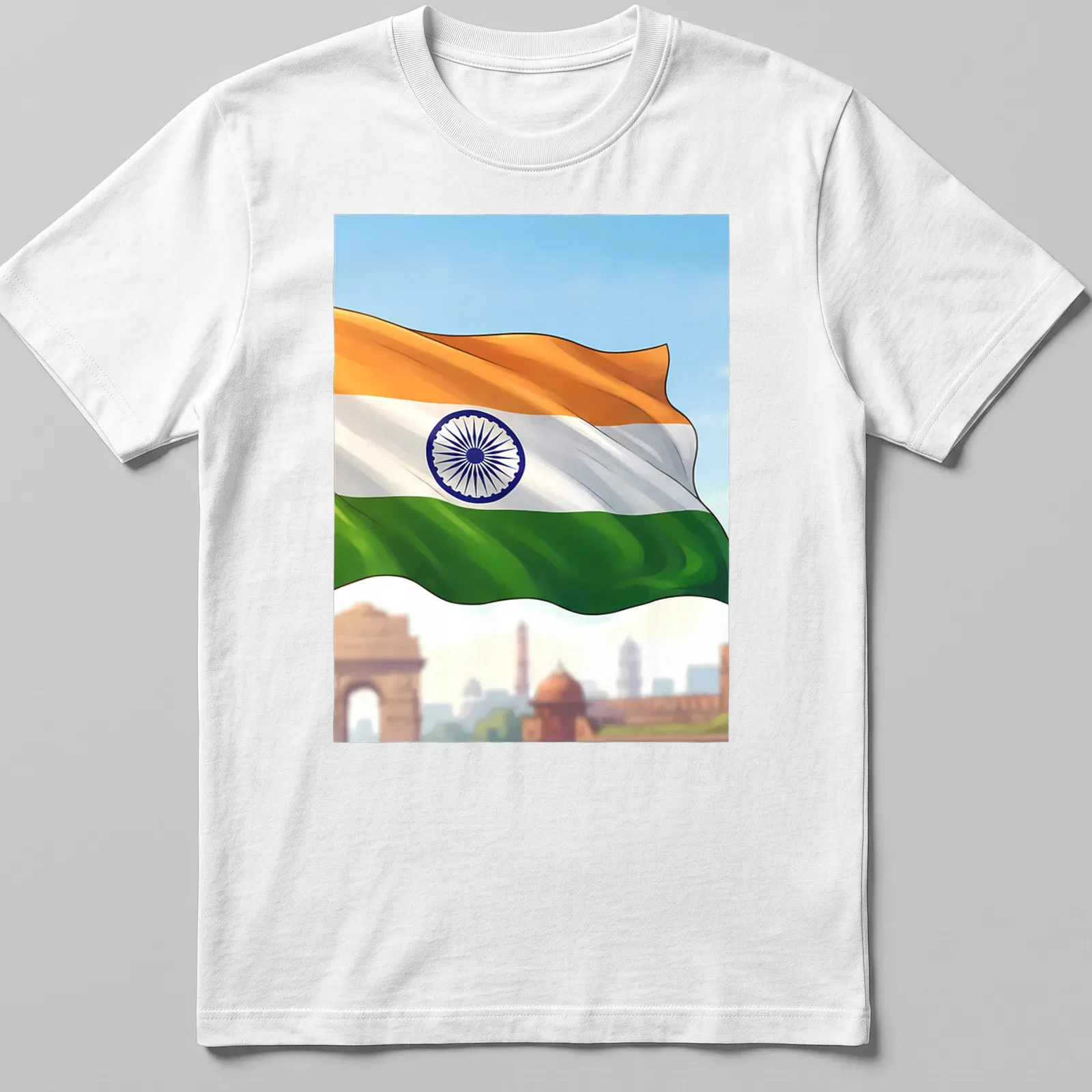 Illustrative Indian flag t-shirt with vibrant orange, white, green, and blue colors. — printed on a unisex t-shirt