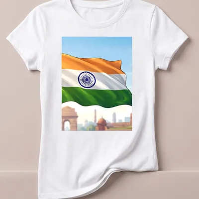 Illustrative Indian flag t-shirt with vibrant orange, white, green, and blue colors. — printed on a women's shirt