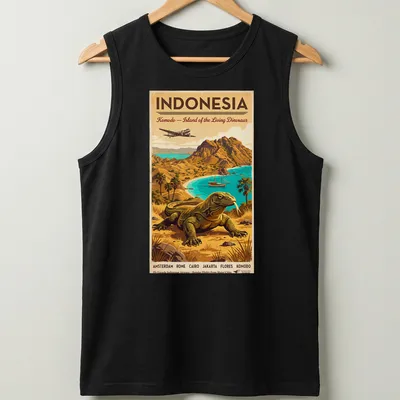 Vintage travel poster style t-shirt with Komodo dragon and text about Indonesia — printed on a tank top