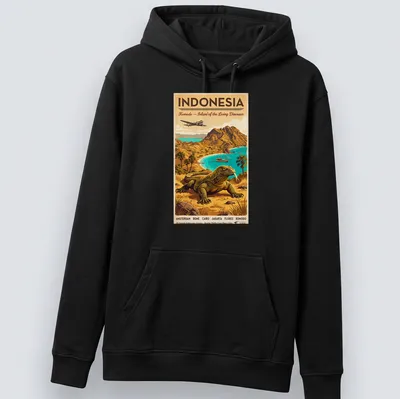 Vintage travel poster style t-shirt with Komodo dragon and text about Indonesia — printed on a unisex hoodie