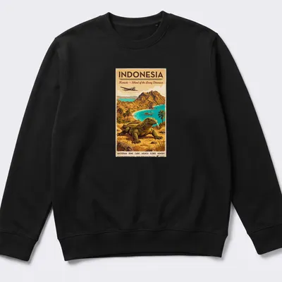Vintage travel poster style t-shirt with Komodo dragon and text about Indonesia — printed on a unisex sweatshirt