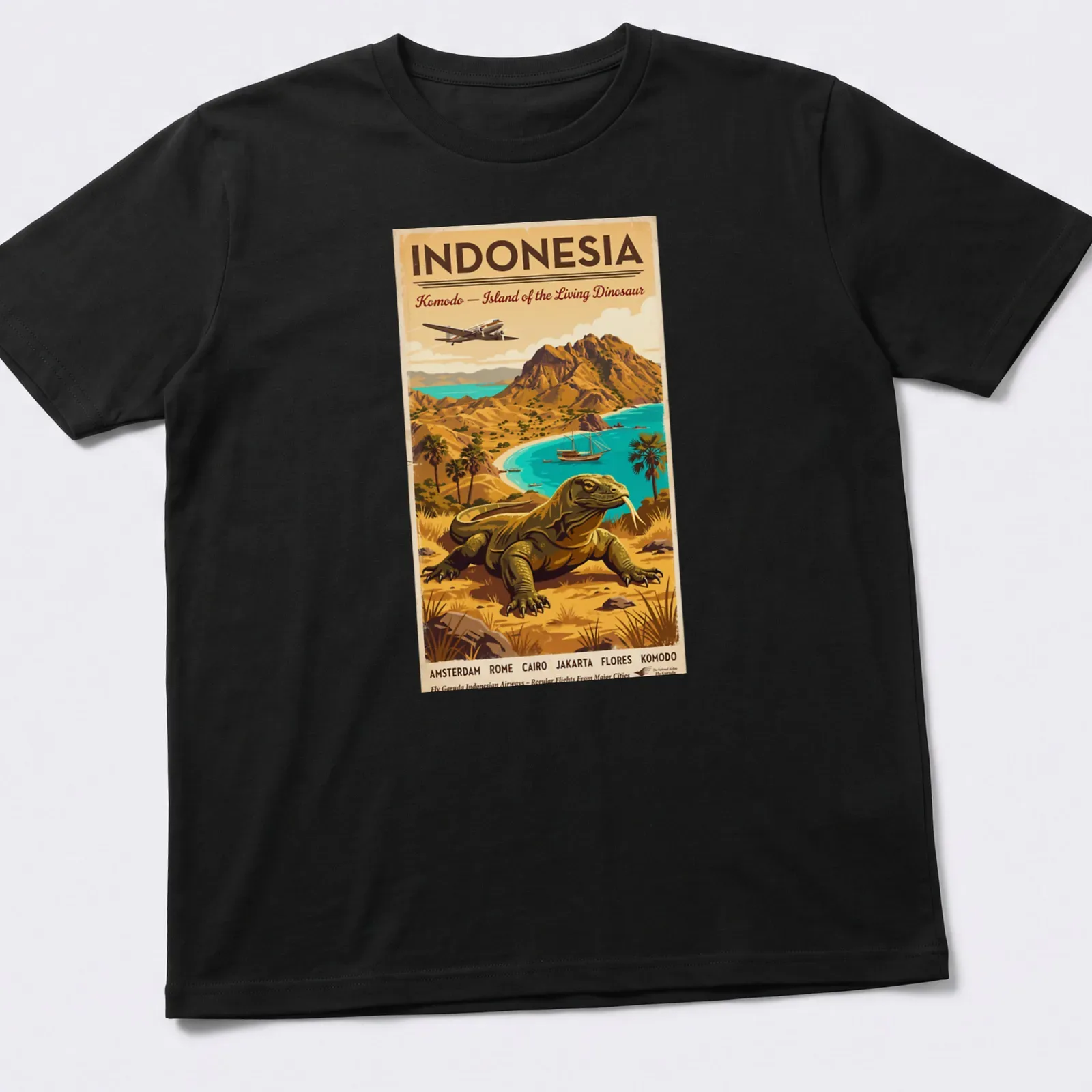 Vintage travel poster style t-shirt with Komodo dragon and text about Indonesia — printed on a unisex t-shirt
