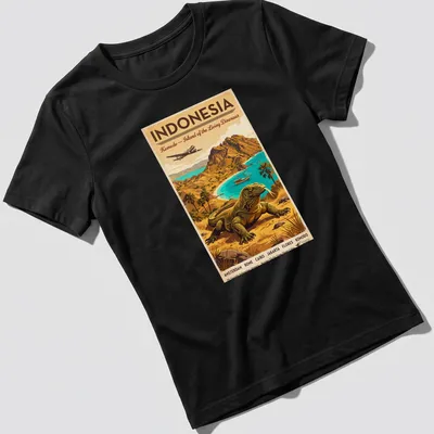 Vintage travel poster style t-shirt with Komodo dragon and text about Indonesia — printed on a women's shirt