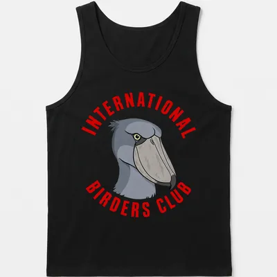 Illustrative Shoebill bird design with text for bird enthusiasts — printed on a tank top