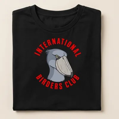 Illustrative Shoebill bird design with text for bird enthusiasts — printed on a women's shirt