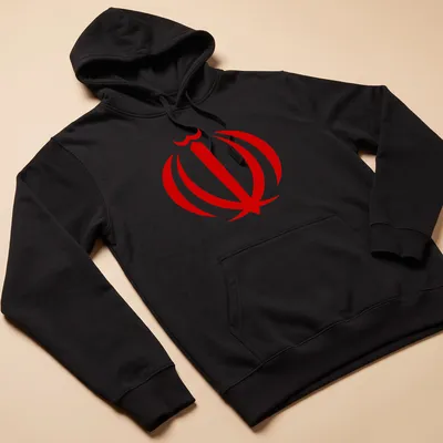 Simplistic Iranian emblem in red and white illustration on — printed on a unisex hoodie