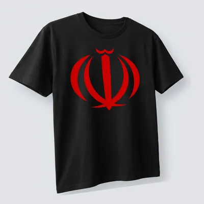 Simplistic Iranian emblem in red and white illustration on — printed on a unisex t-shirt (angled view)