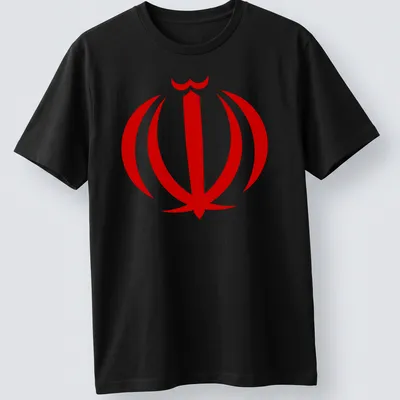 Simplistic Iranian emblem in red and white illustration on T-shirt