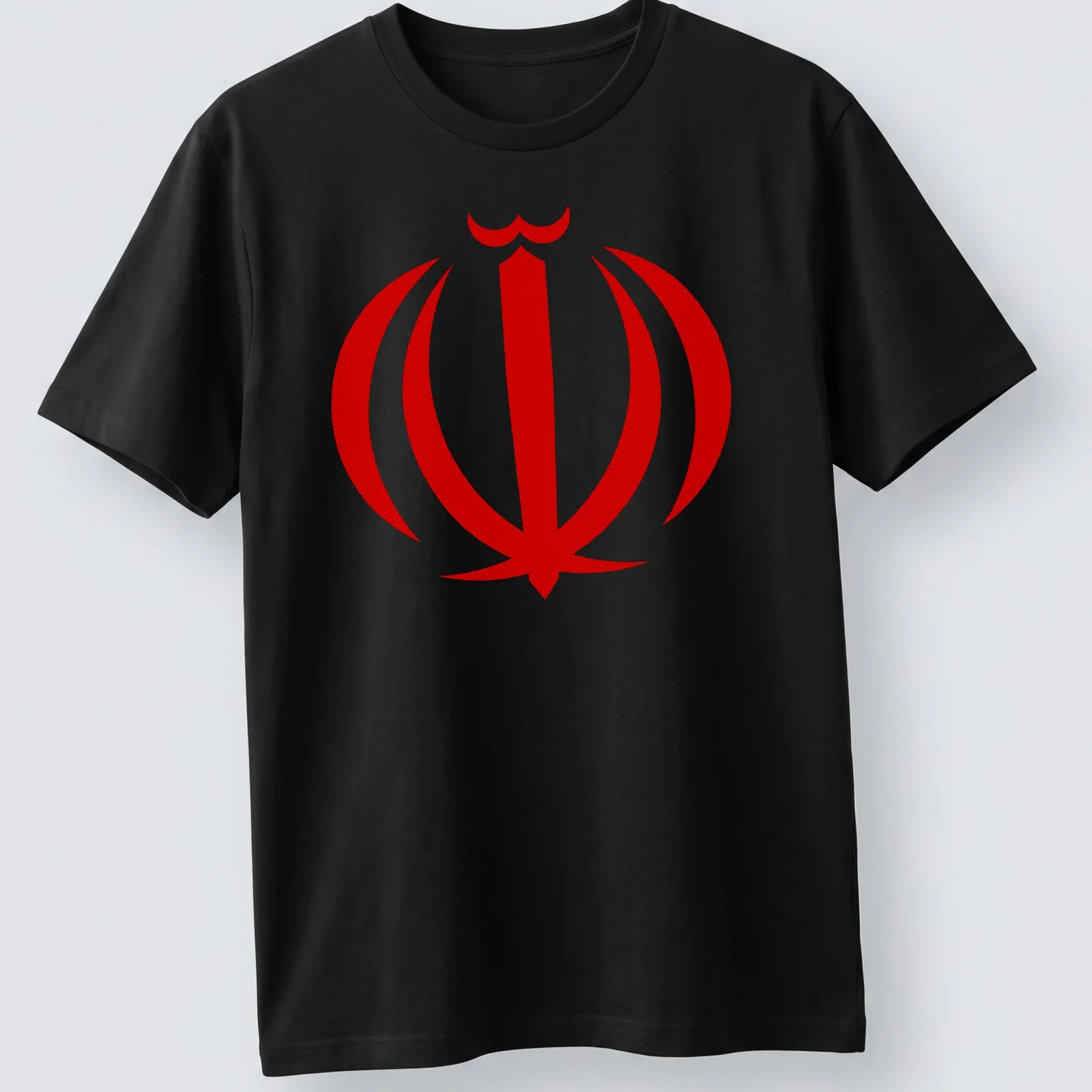 Simplistic Iranian emblem in red and white illustration on — printed on a unisex t-shirt