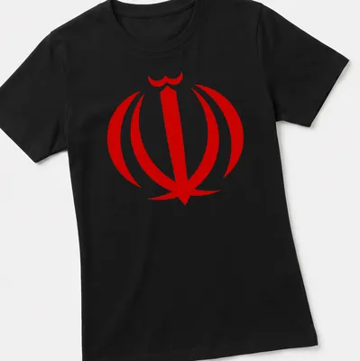 Simplistic Iranian emblem in red and white illustration on — printed on a women's shirt