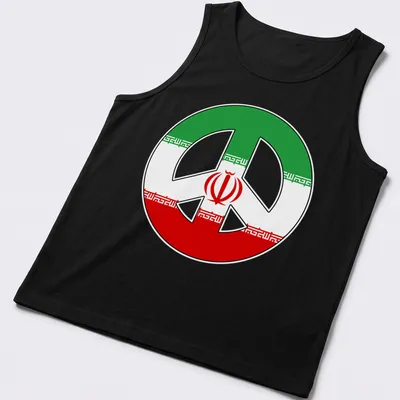 Bold graphic of a peace symbol incorporating Iranian flag colors — printed on a tank top