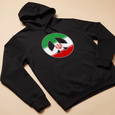 Bold graphic of a peace symbol incorporating Iranian flag colors — printed on a unisex hoodie