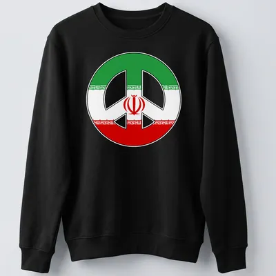 Bold graphic of a peace symbol incorporating Iranian flag colors — printed on a unisex sweatshirt