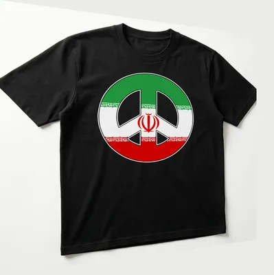 Bold graphic of a peace symbol incorporating Iranian flag colors — printed on a unisex t-shirt (angled view)