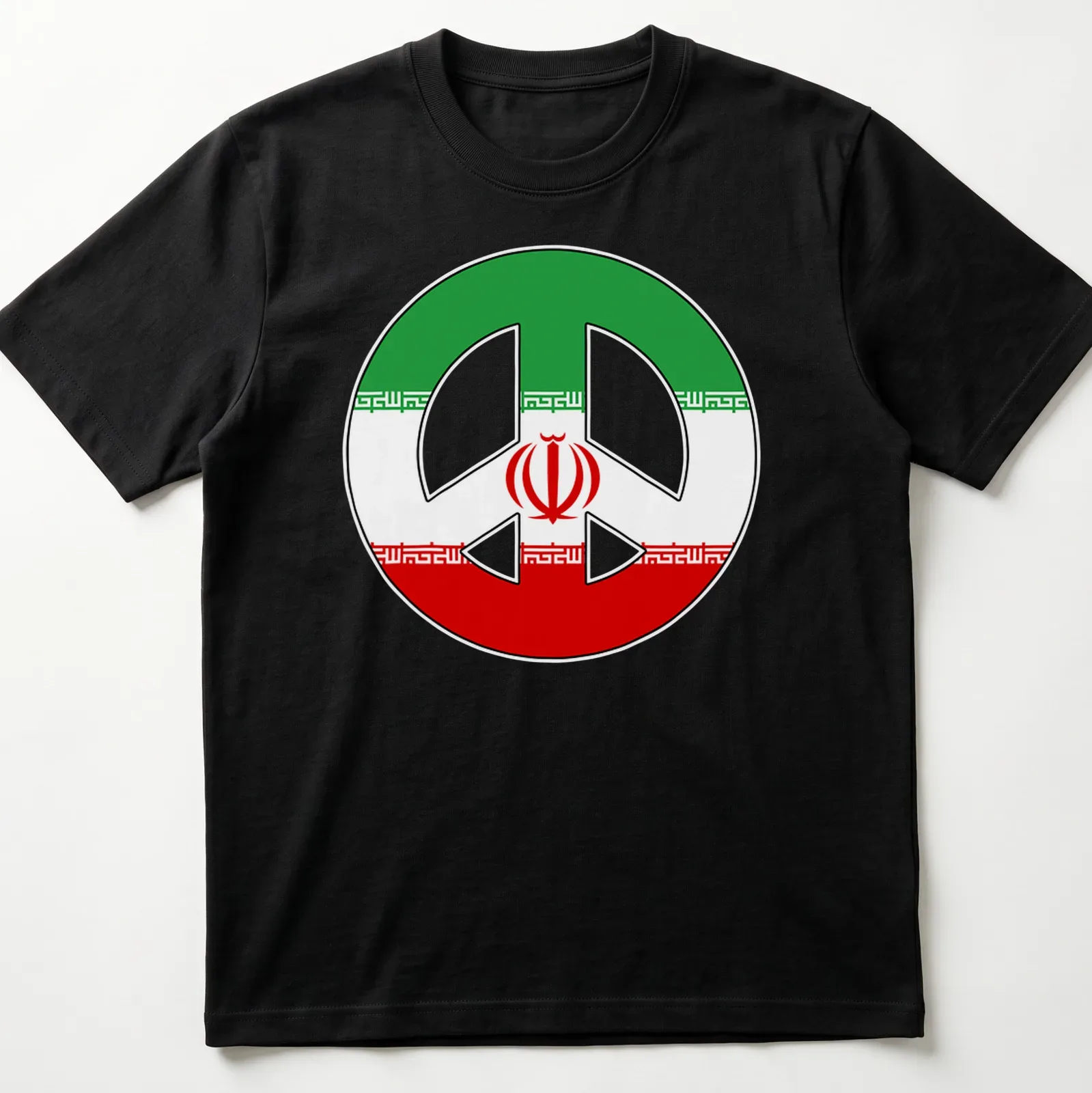 Bold graphic of a peace symbol incorporating Iranian flag colors — printed on a unisex t-shirt