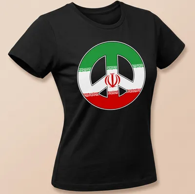 Bold graphic of a peace symbol incorporating Iranian flag colors — printed on a women's shirt