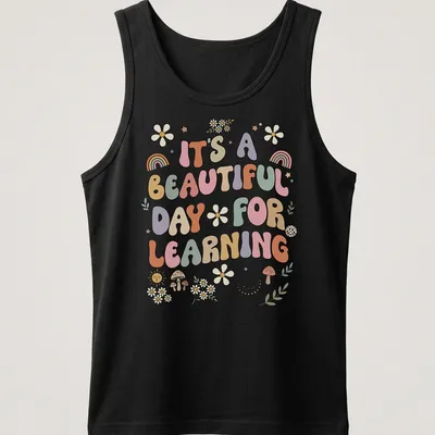 Boho retro tee with colorful text and floral designs about learning — printed on a tank top